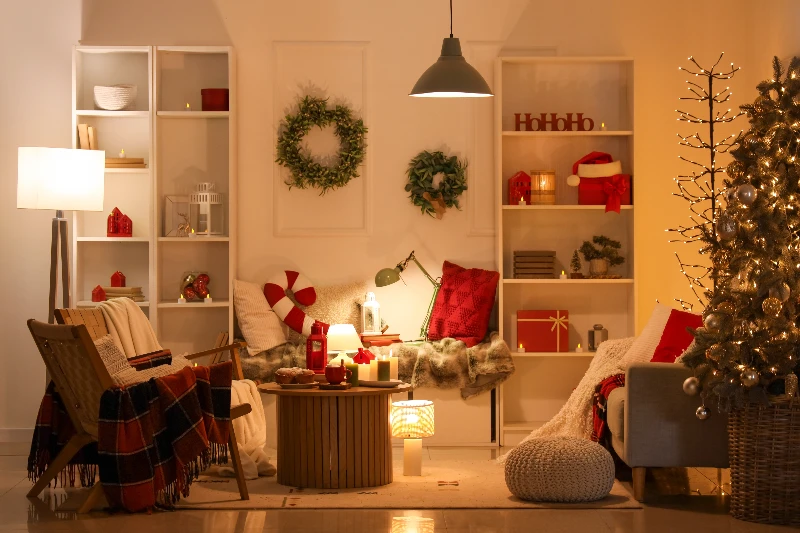 Interior of dark living room with glowing lamps Christmas tree and sofa